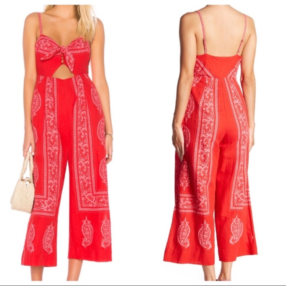Free People Red Paisley Linen Blend Jumpsuit